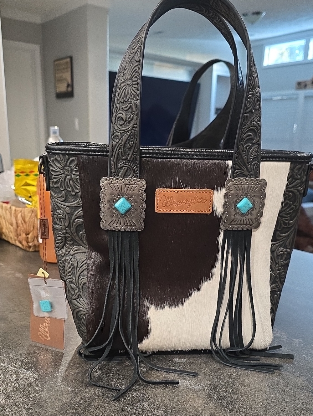 Wrangler Cowhide Western Tote Bag Tooled Leather Handles Turquoise Conchos NWT